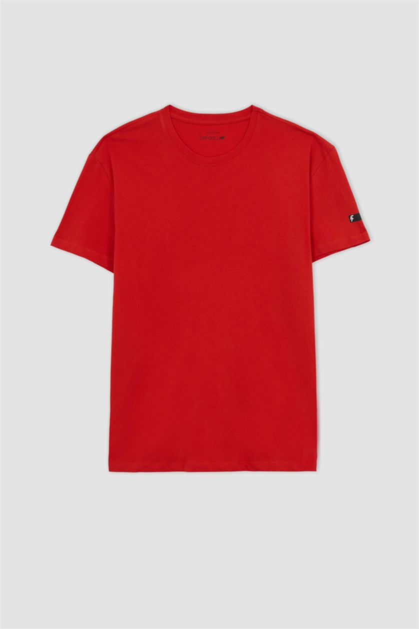 رجال أحمر تي شيرت قطن قصة عادية بياقة مستديرة