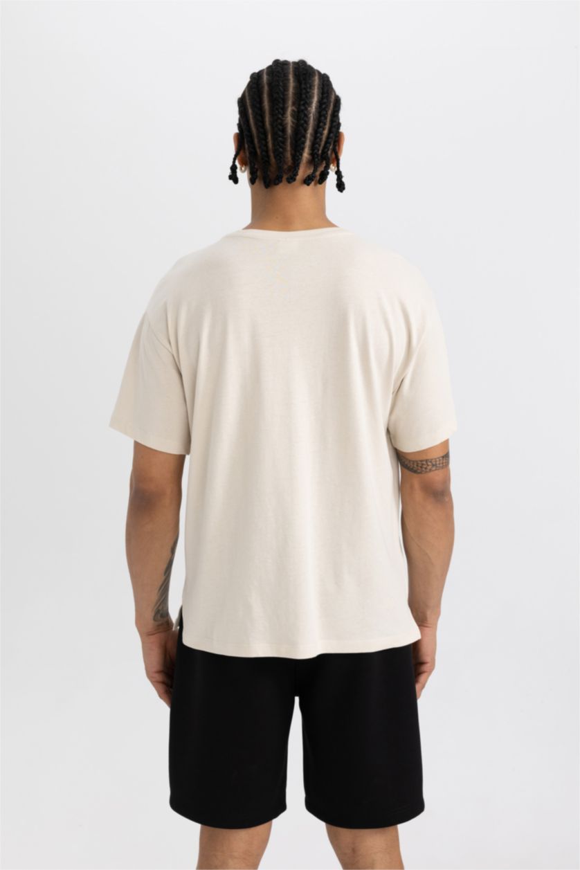 رجال اللون الرملي تيشيرت نص ردن مطبوع قصة عادية من DeFactoFit