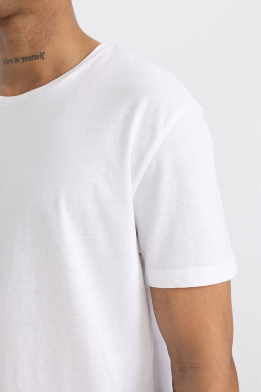 رجالي أبيض تيشيرت قطن نص كم قصة عادية من DeFactoFit