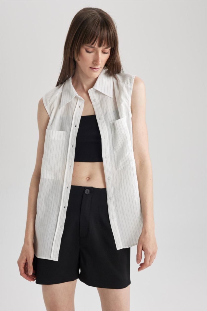 FEMME Blanc Chemise Oversize Sans Manches Modal Col de Chemise