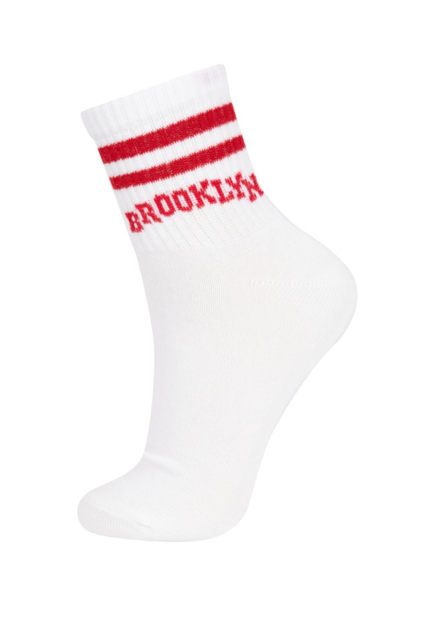 Kadın Beyaz Kadın Slogan Baskılı 3'lü Pamuklu Soket Çorap