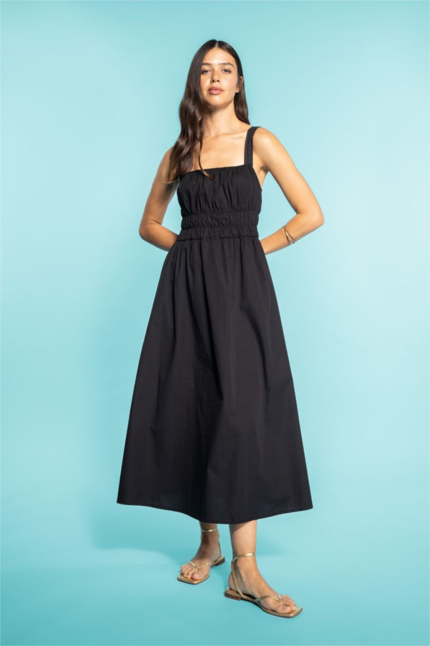 حريمي أسود فستان ميدي بوبلين بدون بأكمام بياقة مربعة