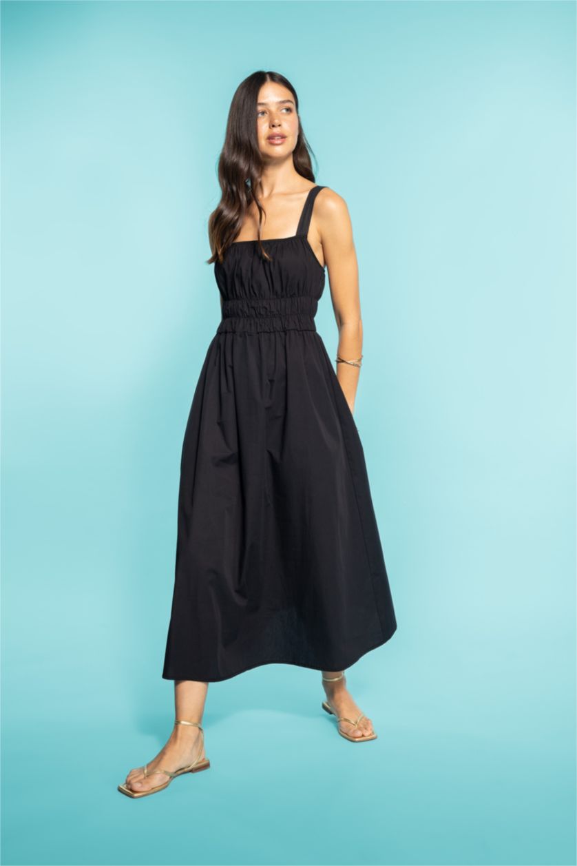 حريمي أسود فستان ميدي بوبلين بدون بأكمام بياقة مربعة