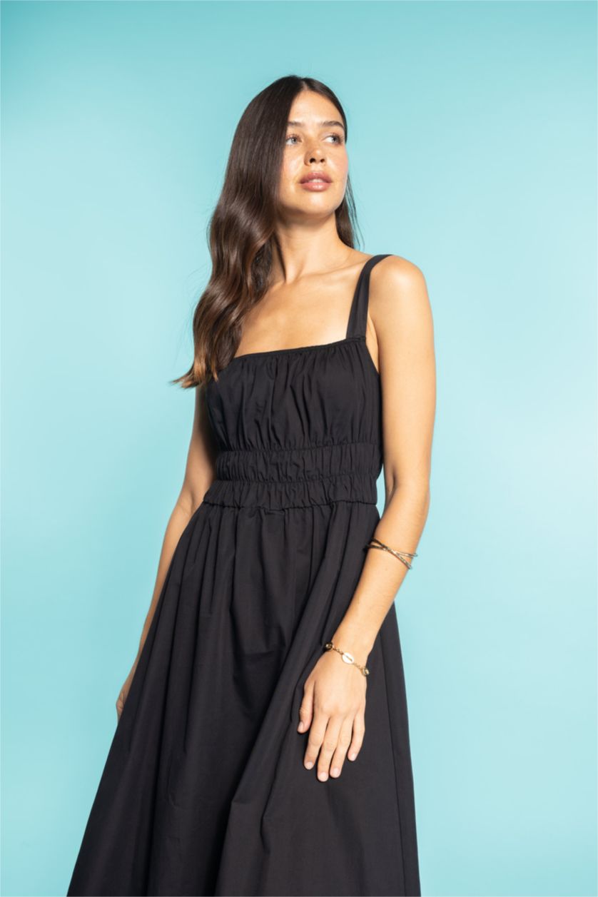 حريمي أسود فستان ميدي بوبلين بدون بأكمام بياقة مربعة