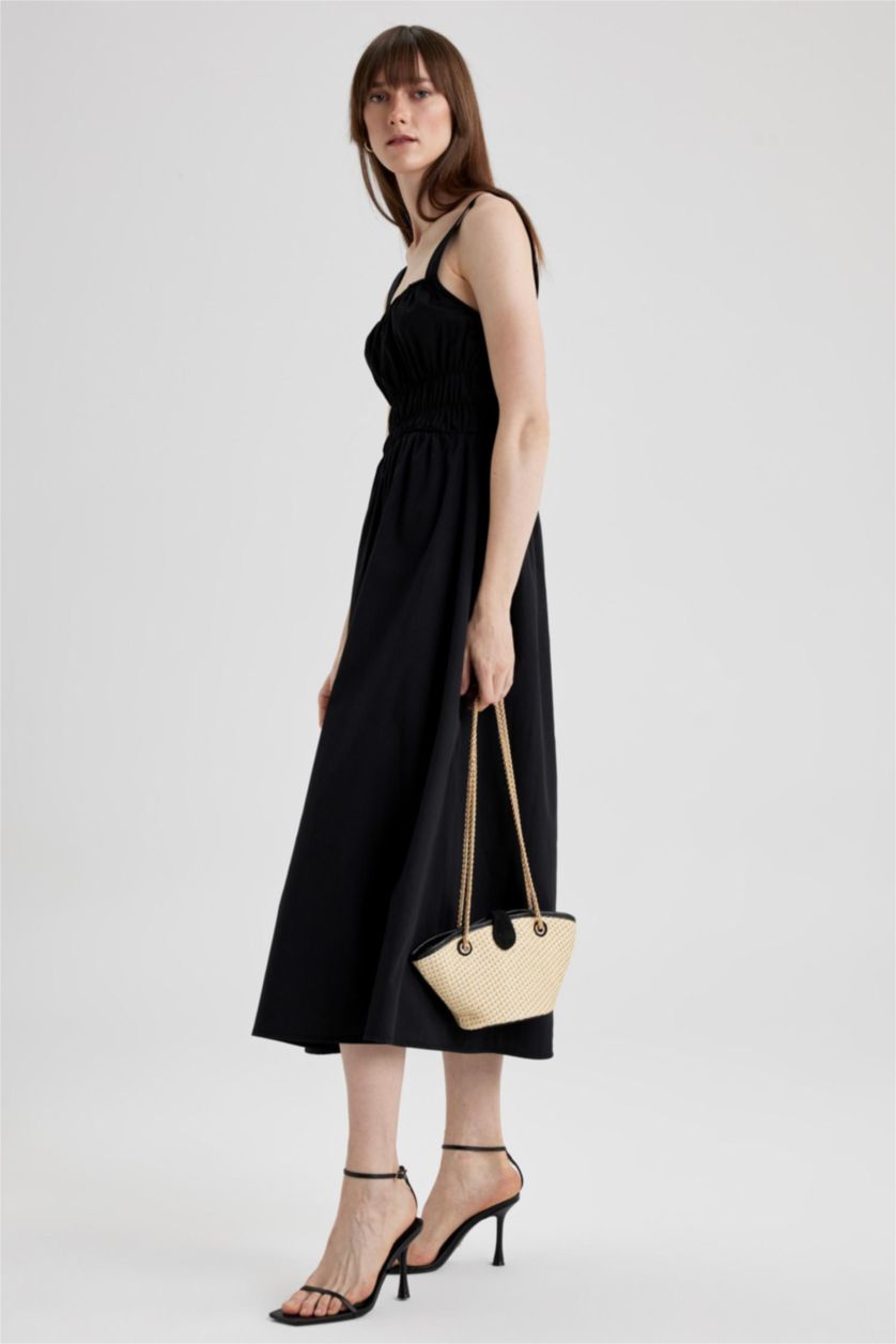 حريمي أسود فستان ميدي بوبلين بدون بأكمام بياقة مربعة