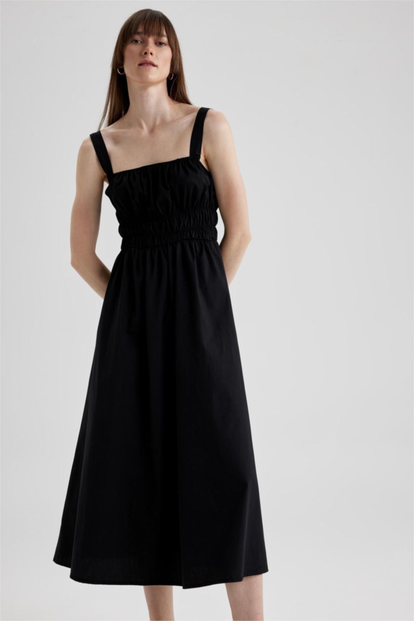 حريمي أسود فستان ميدي بوبلين بدون بأكمام بياقة مربعة