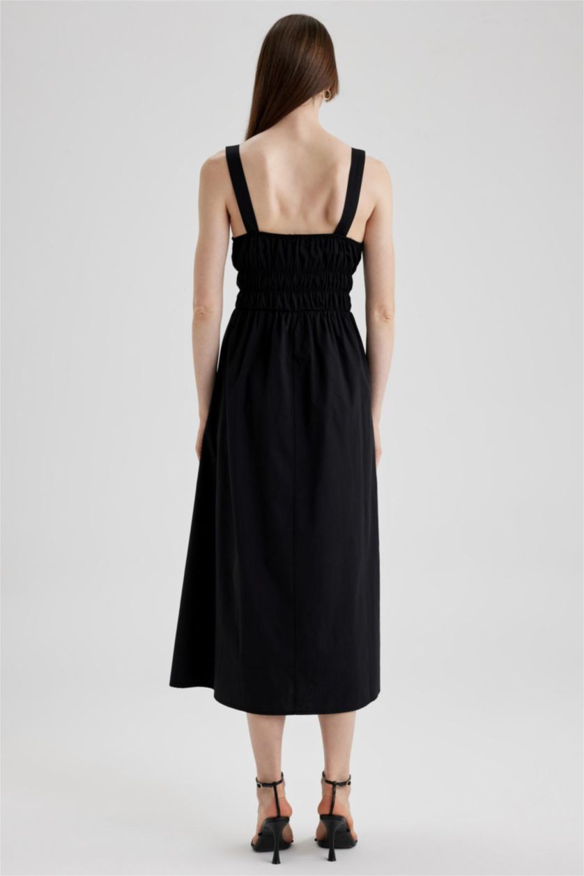 حريمي أسود فستان ميدي بوبلين بدون بأكمام بياقة مربعة