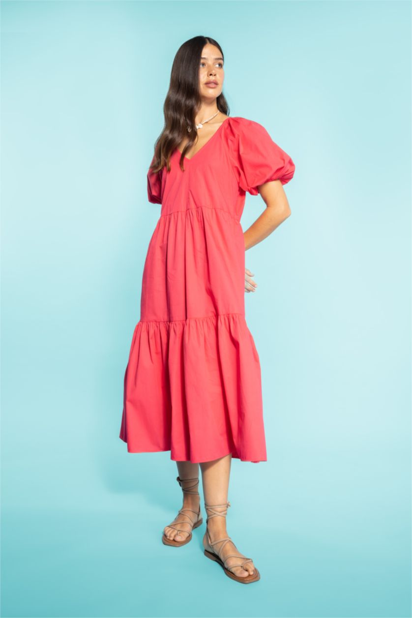 WOMAN Light Fuschsia V-Neck Poplin Raglan Sleeve Midi Dress