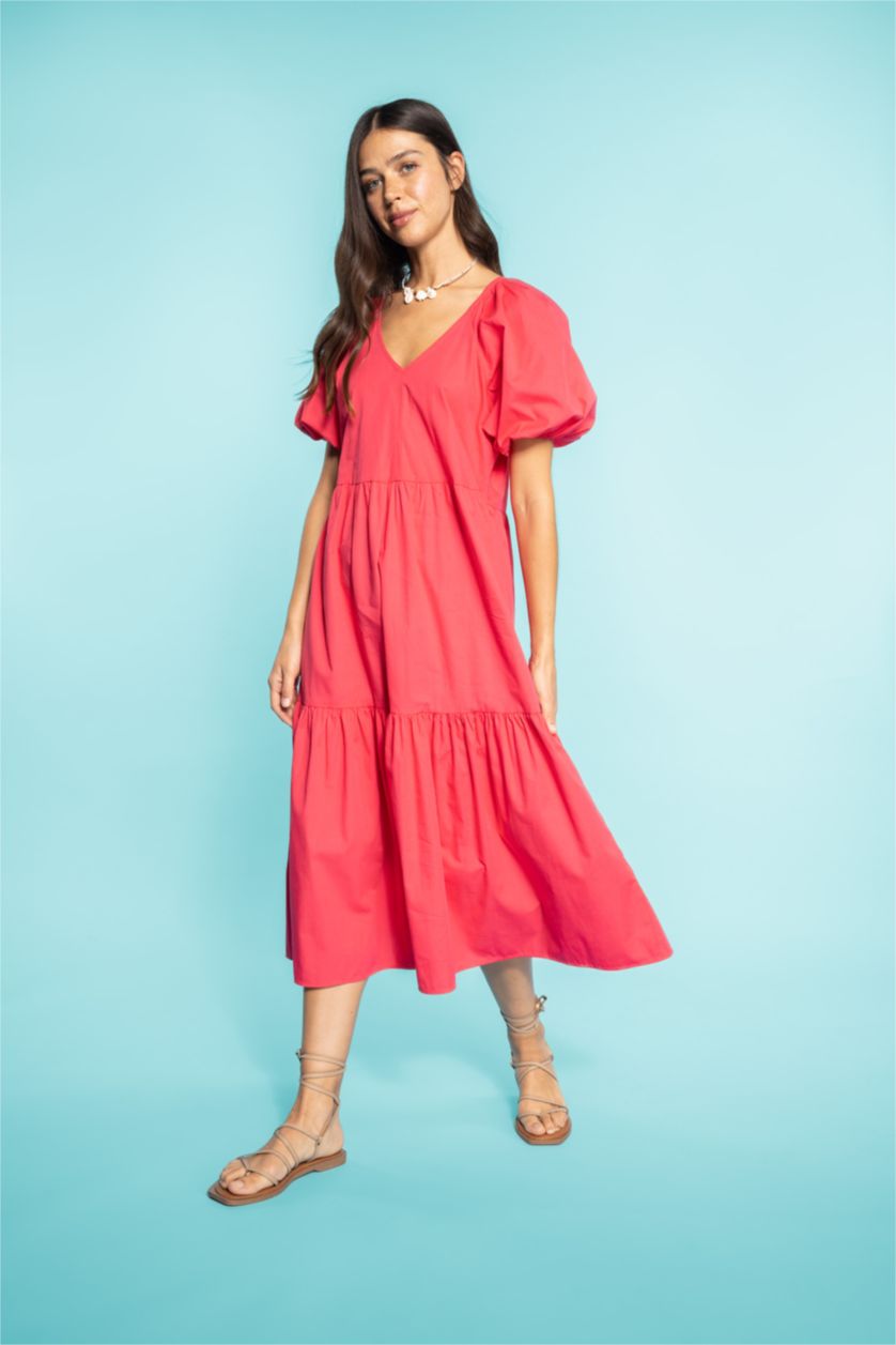 WOMAN Light Fuschsia V-Neck Poplin Raglan Sleeve Midi Dress