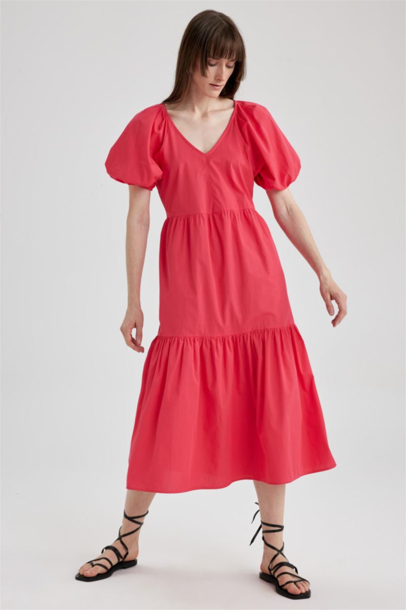 WOMAN Light Fuschsia V-Neck Poplin Raglan Sleeve Midi Dress