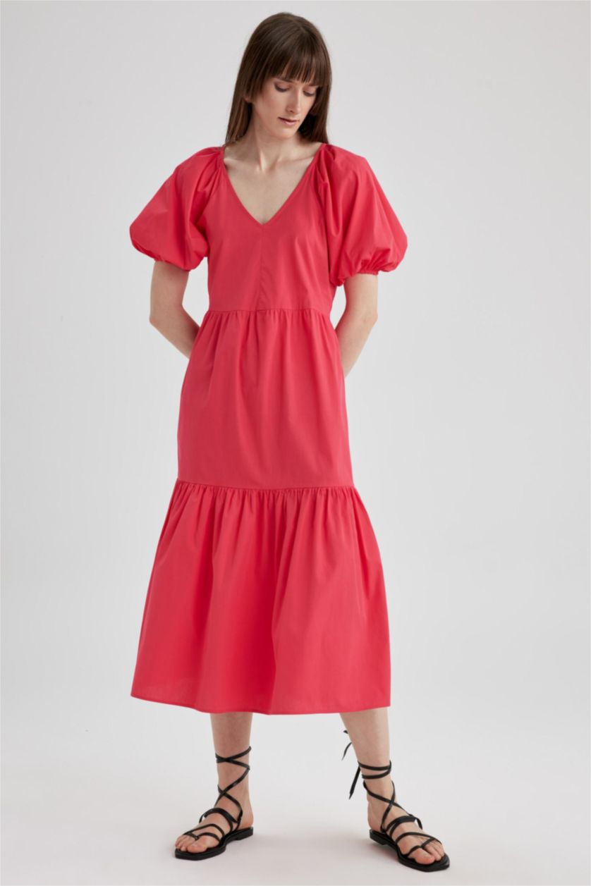 WOMAN Light Fuschsia V-Neck Poplin Raglan Sleeve Midi Dress