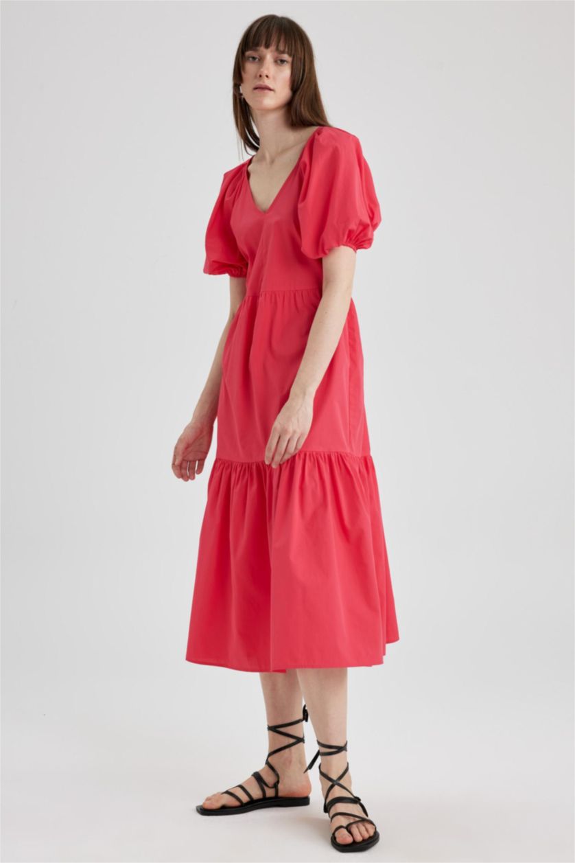WOMAN Light Fuschsia V-Neck Poplin Raglan Sleeve Midi Dress