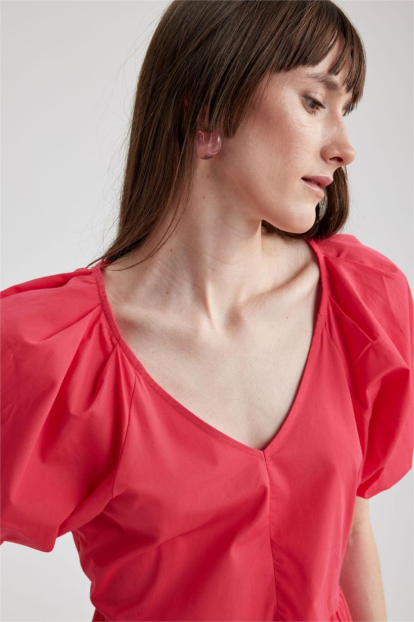 WOMAN Light Fuschsia V-Neck Poplin Raglan Sleeve Midi Dress