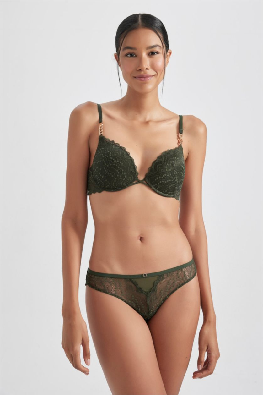 Kadın Koyu Haki Fall in Love Dantelli Dolgulu Balenli Push Up Bra
