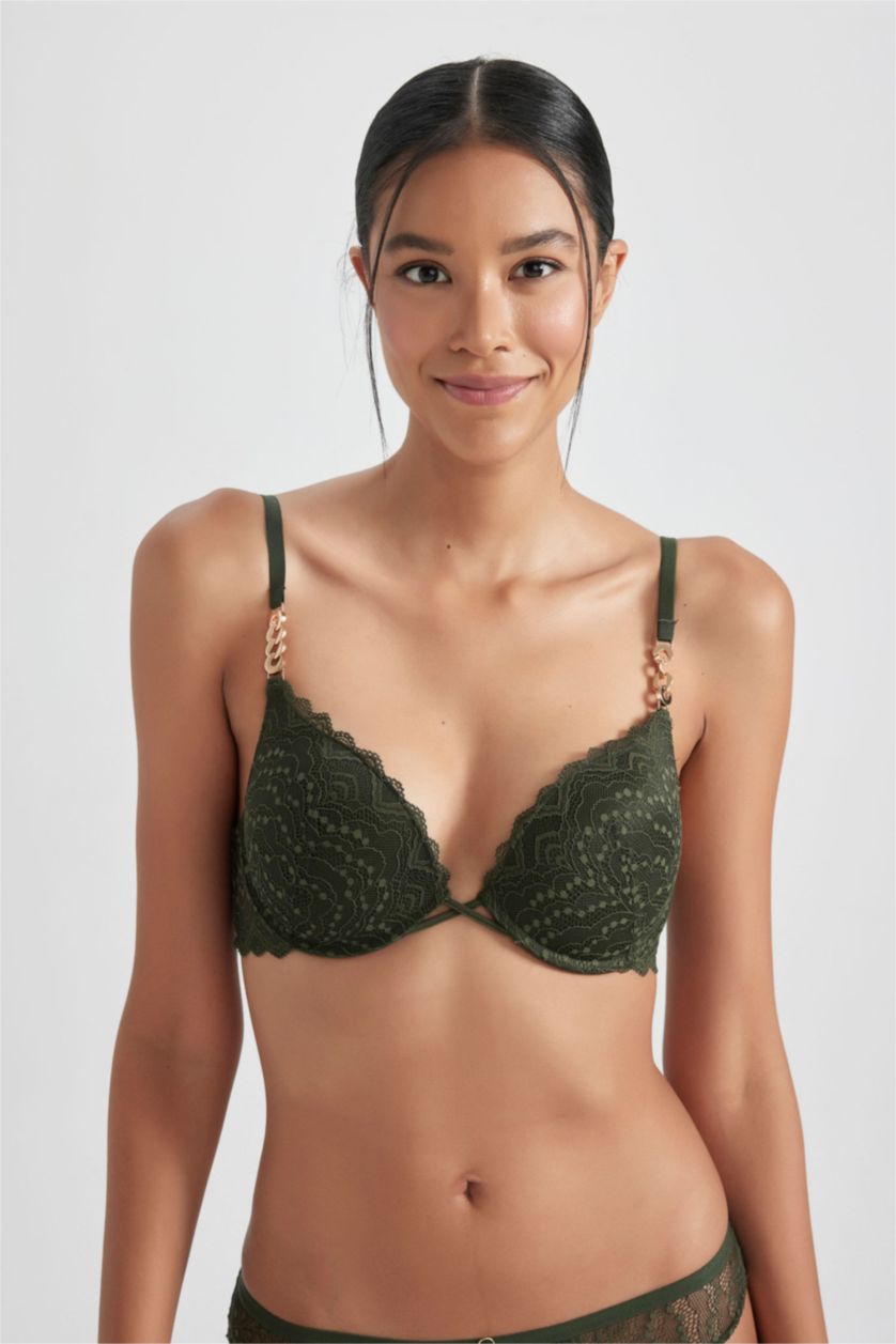 Kadın Koyu Haki Fall in Love Dantelli Dolgulu Balenli Push Up Bra