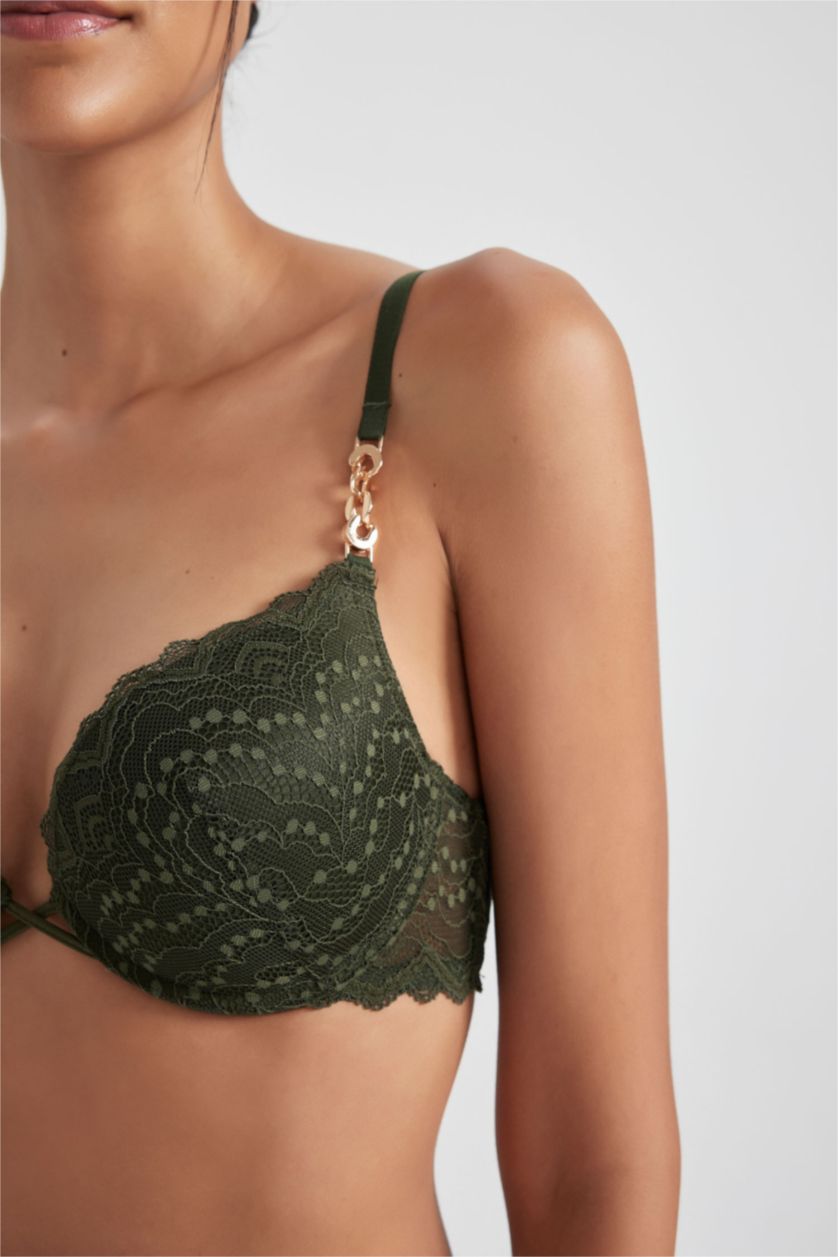 Kadın Koyu Haki Fall in Love Dantelli Dolgulu Balenli Push Up Bra
