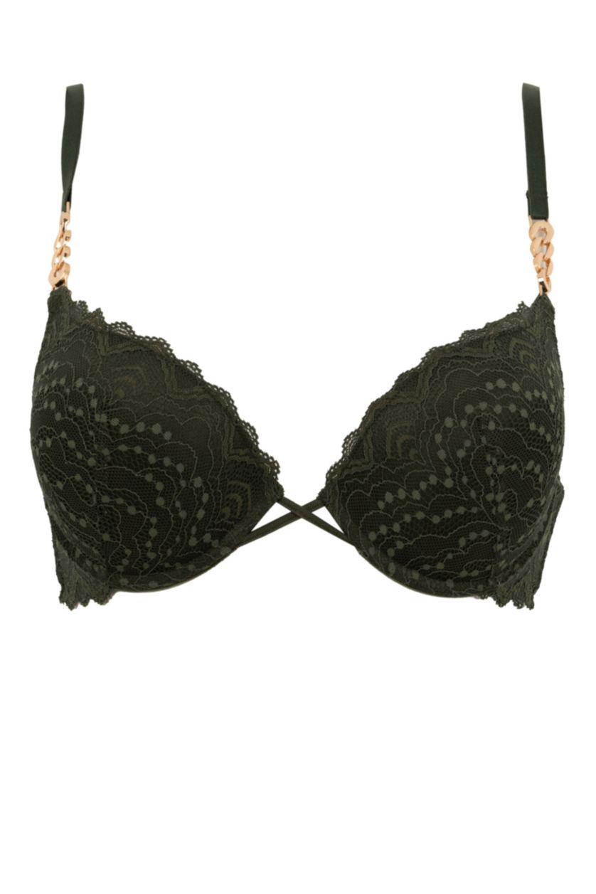 Kadın Koyu Haki Fall in Love Dantelli Dolgulu Balenli Push Up Bra