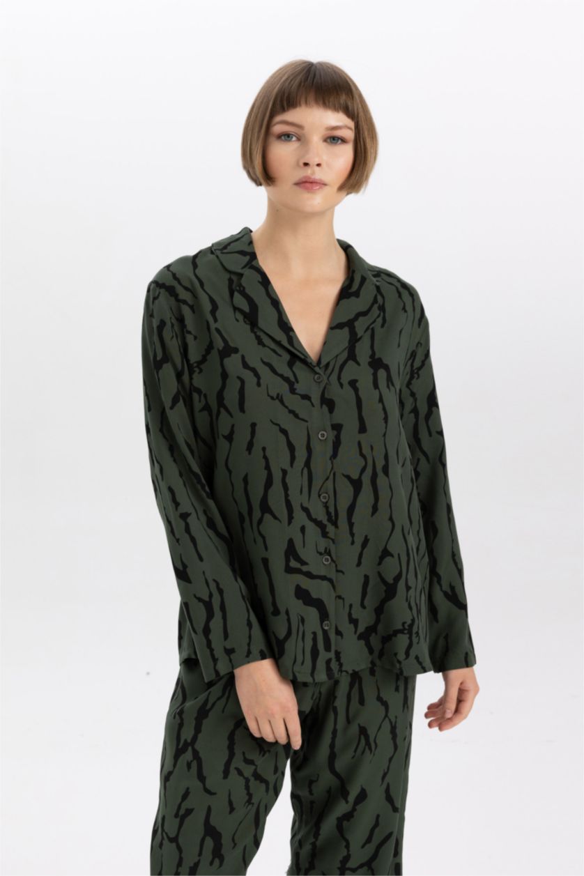 WOMAN Dark Khaki Regular Fit Long Sleeve Woven Tops