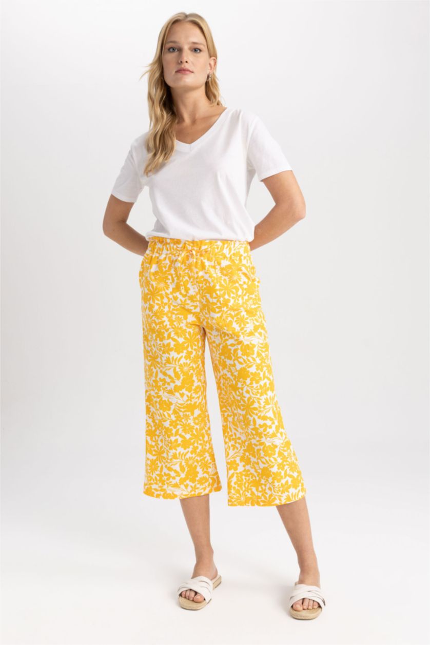 حريمي أصفر بنطلون كابري قطن وايد ليج كتان بجيب