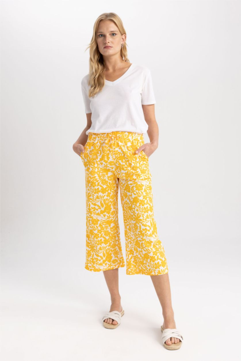 حريمي أصفر بنطلون كابري قطن وايد ليج كتان بجيب