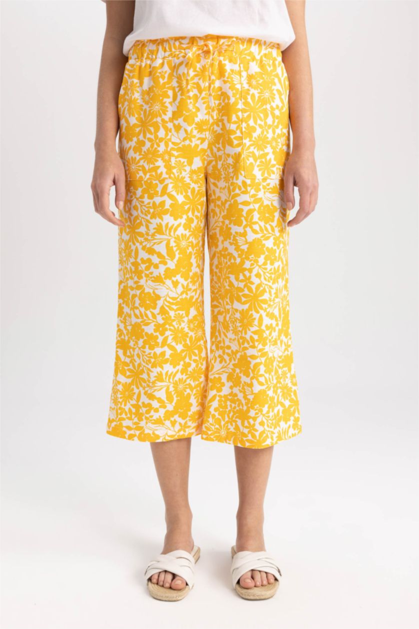 حريمي أصفر بنطلون كابري قطن وايد ليج كتان بجيب