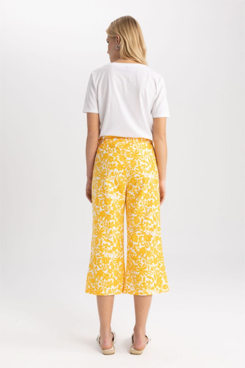 حريمي أصفر بنطلون كابري قطن وايد ليج كتان بجيب