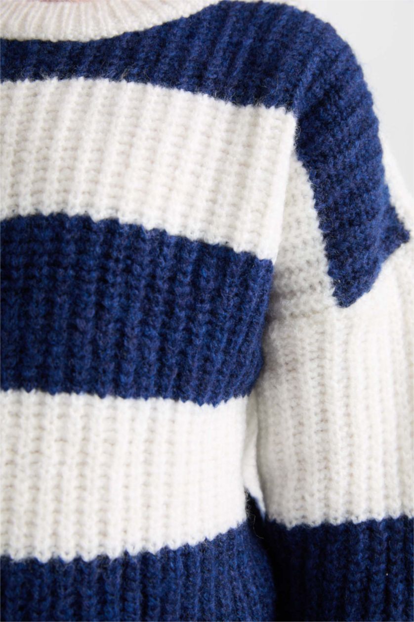 Kız Çocuk - Genç Kız Lacivert Çizgili Bisiklet Yaka Triko Kazak Kız Çocuk