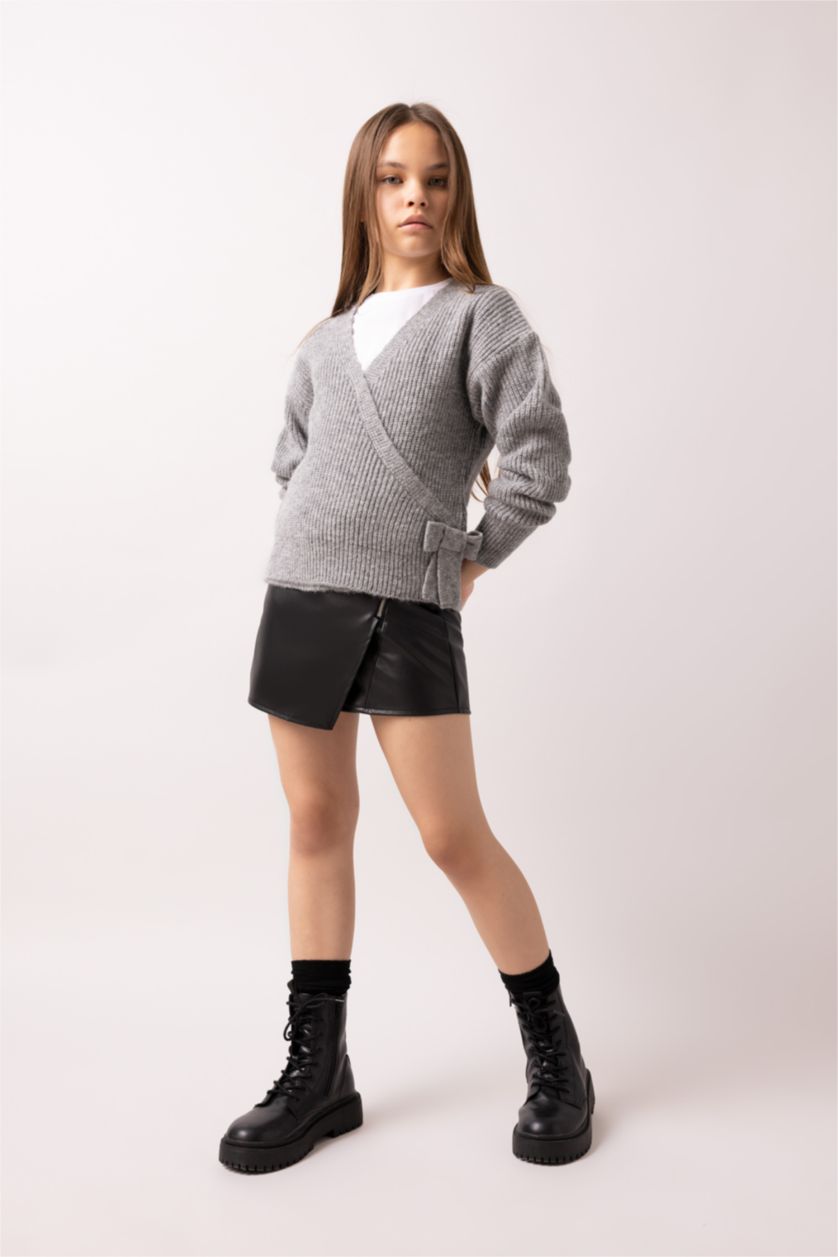 Девочки и подростки Светло-серый меланж Свитер с V-образным вырезом для девочек