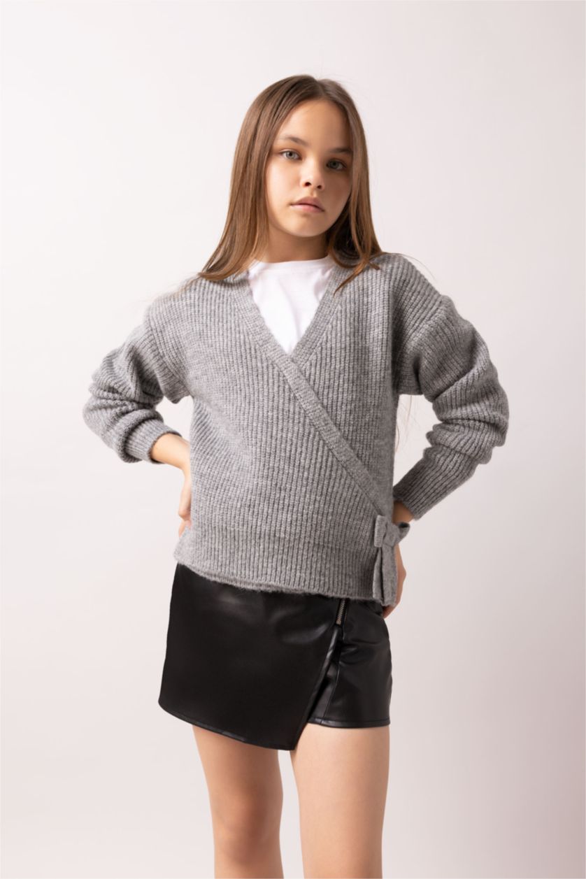 Девочки и подростки Светло-серый меланж Свитер с V-образным вырезом для девочек