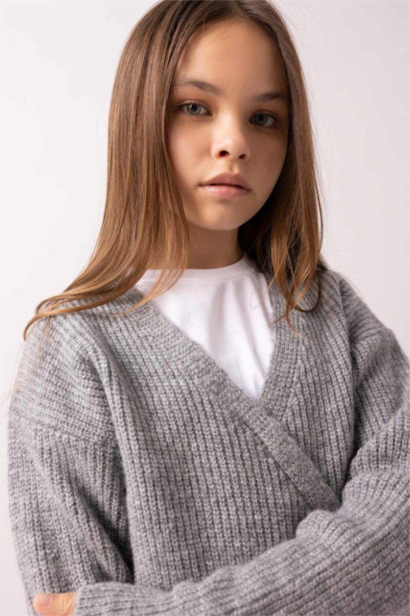 Девочки и подростки Светло-серый меланж Свитер с V-образным вырезом для девочек