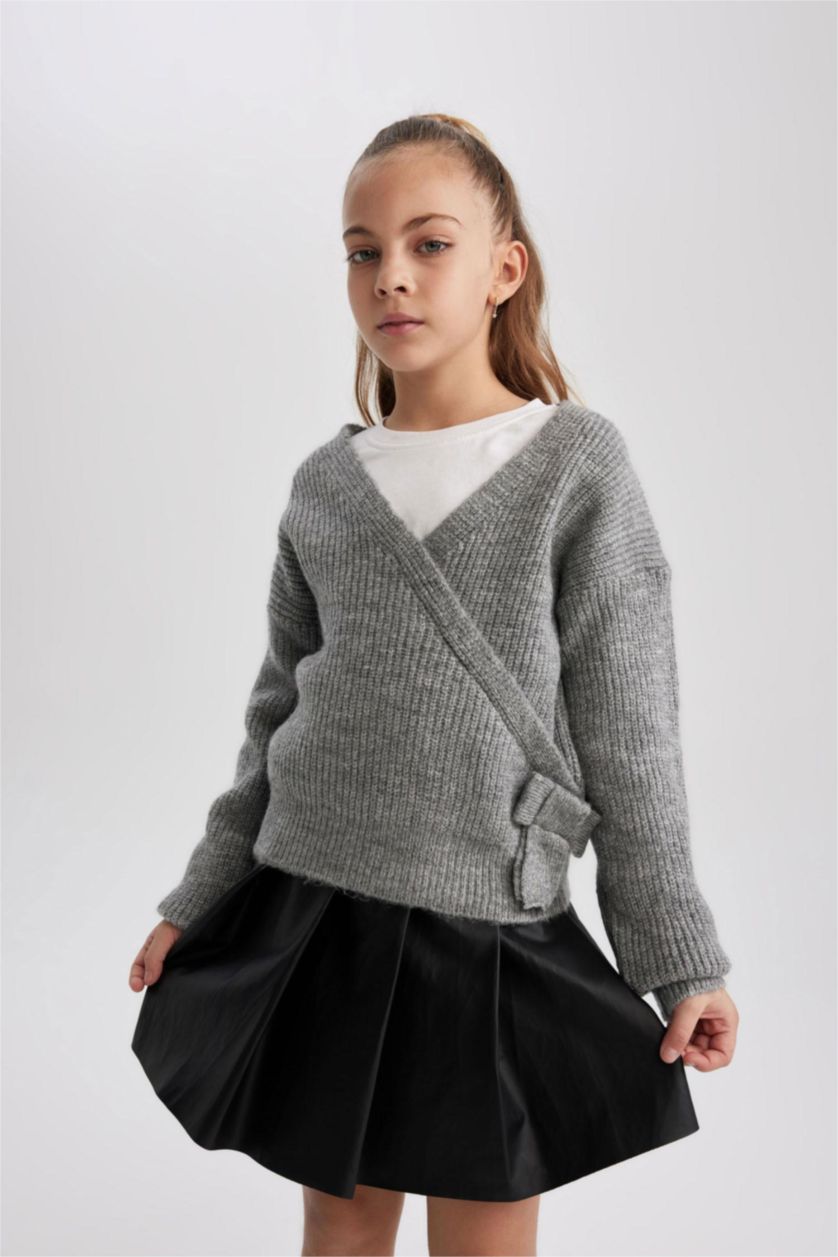 Девочки и подростки Светло-серый меланж Свитер с V-образным вырезом для девочек