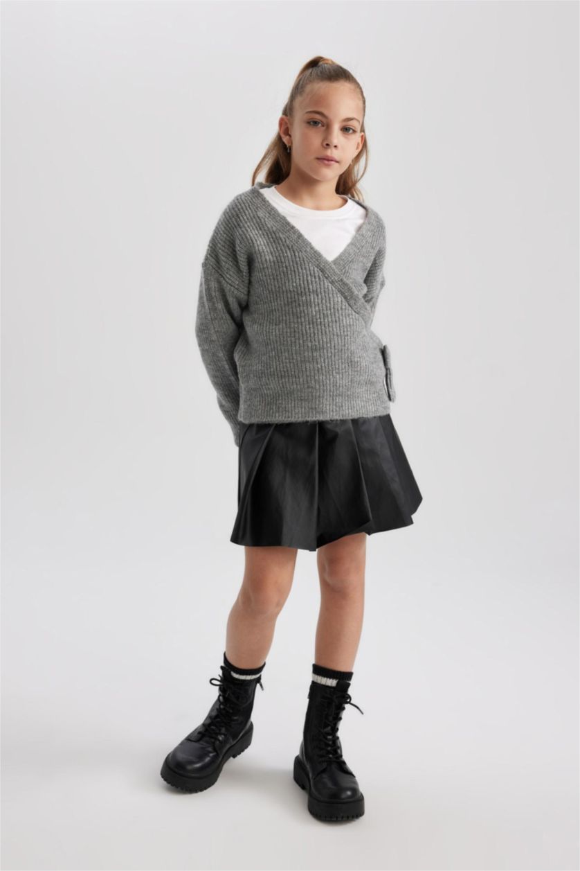 Девочки и подростки Светло-серый меланж Свитер с V-образным вырезом для девочек