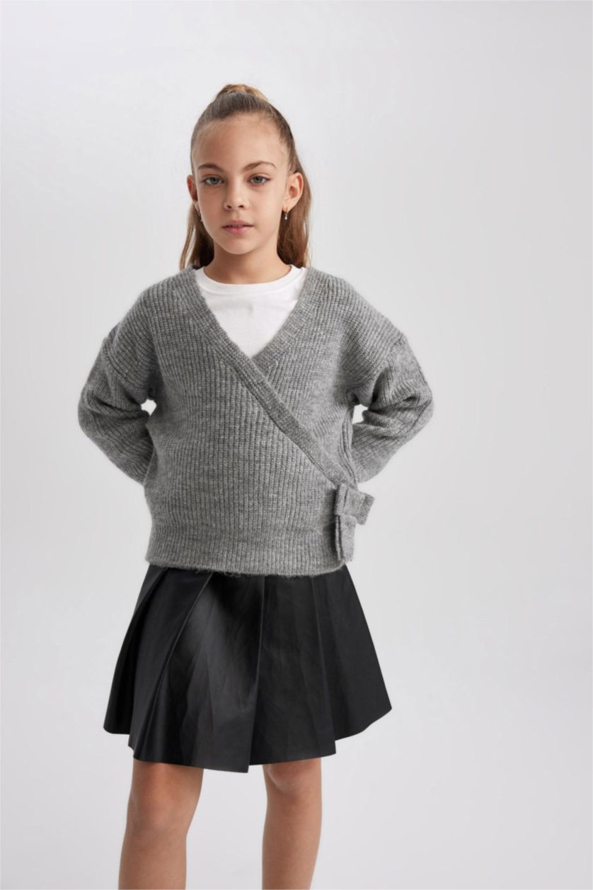 Девочки и подростки Светло-серый меланж Свитер с V-образным вырезом для девочек