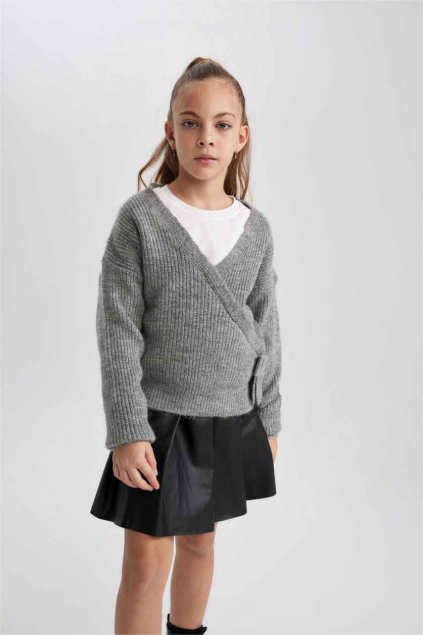 Девочки и подростки Светло-серый меланж Свитер с V-образным вырезом для девочек