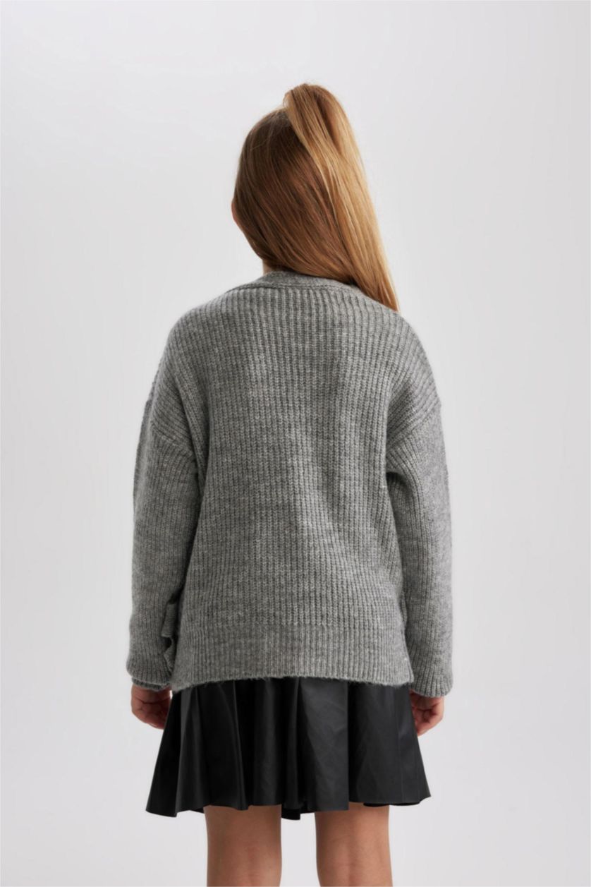 Девочки и подростки Светло-серый меланж Свитер с V-образным вырезом для девочек