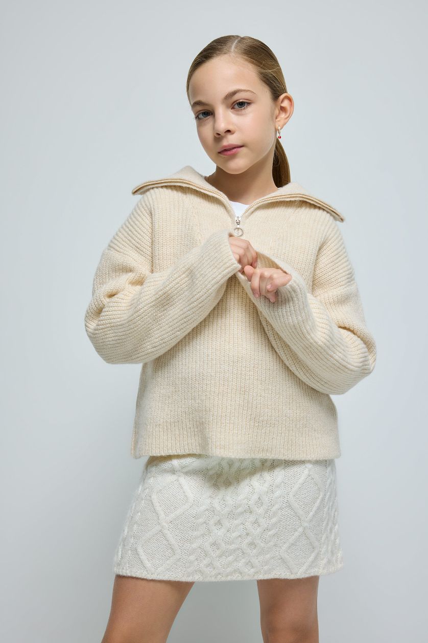 Kız Çocuk - Genç Kız Ekru Fermuarlı Dik Yaka Triko Kazak Kız Çocuk