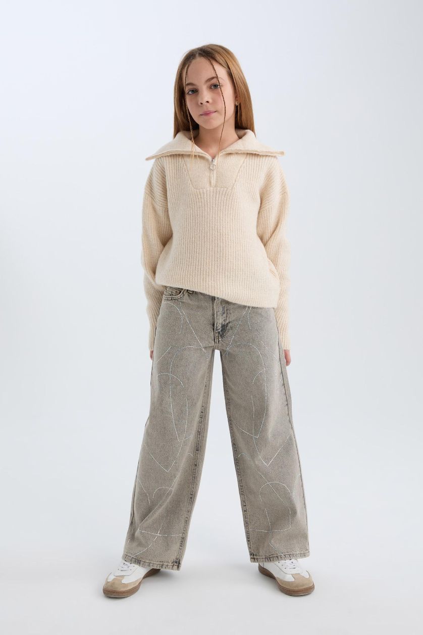 Kız Çocuk - Genç Kız Ekru Fermuarlı Dik Yaka Triko Kazak Kız Çocuk