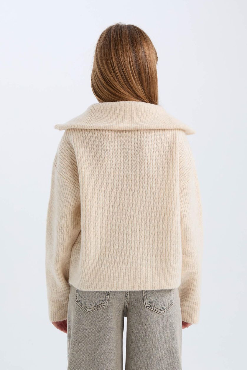 Kız Çocuk - Genç Kız Ekru Fermuarlı Dik Yaka Triko Kazak Kız Çocuk