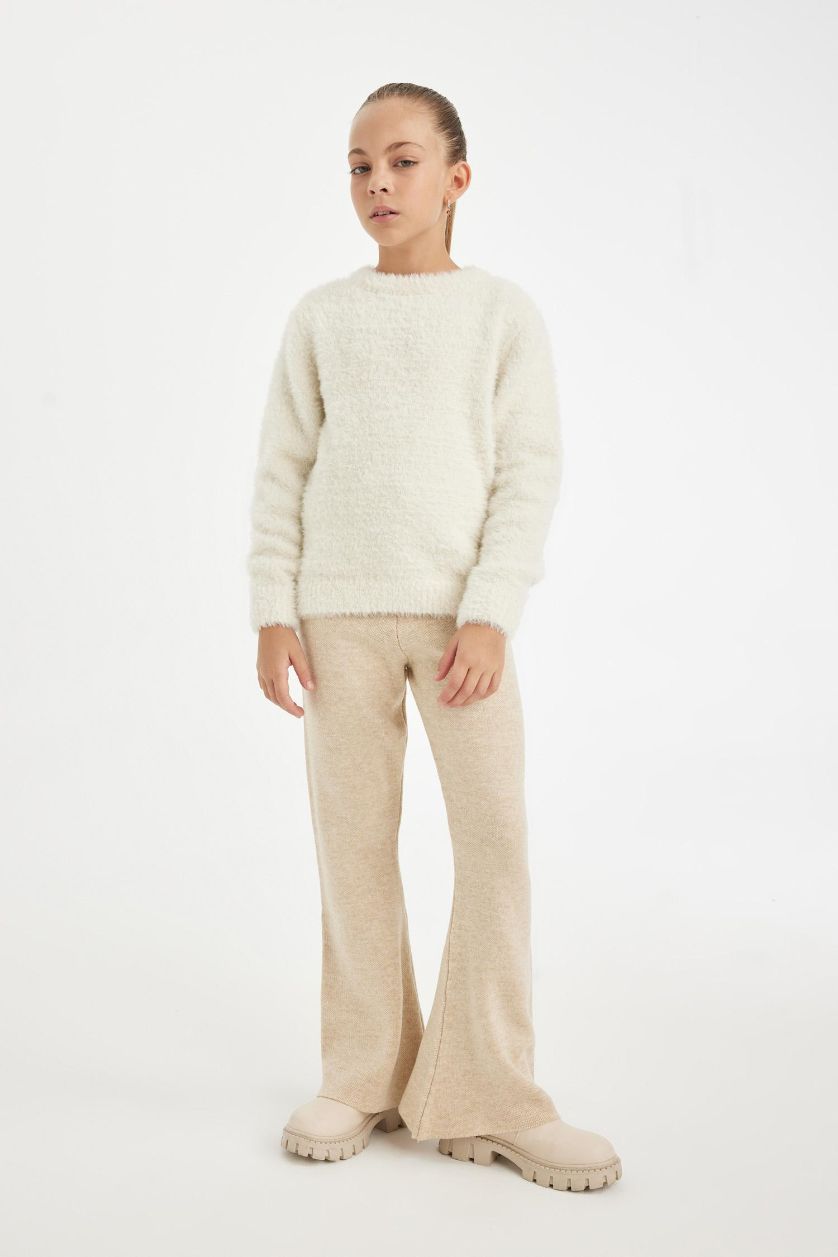 Kız Çocuk - Genç Kız Bej Melanj Kız Çocuk Flare Fit İspanyol Paça Basic Düz Triko Pantolon