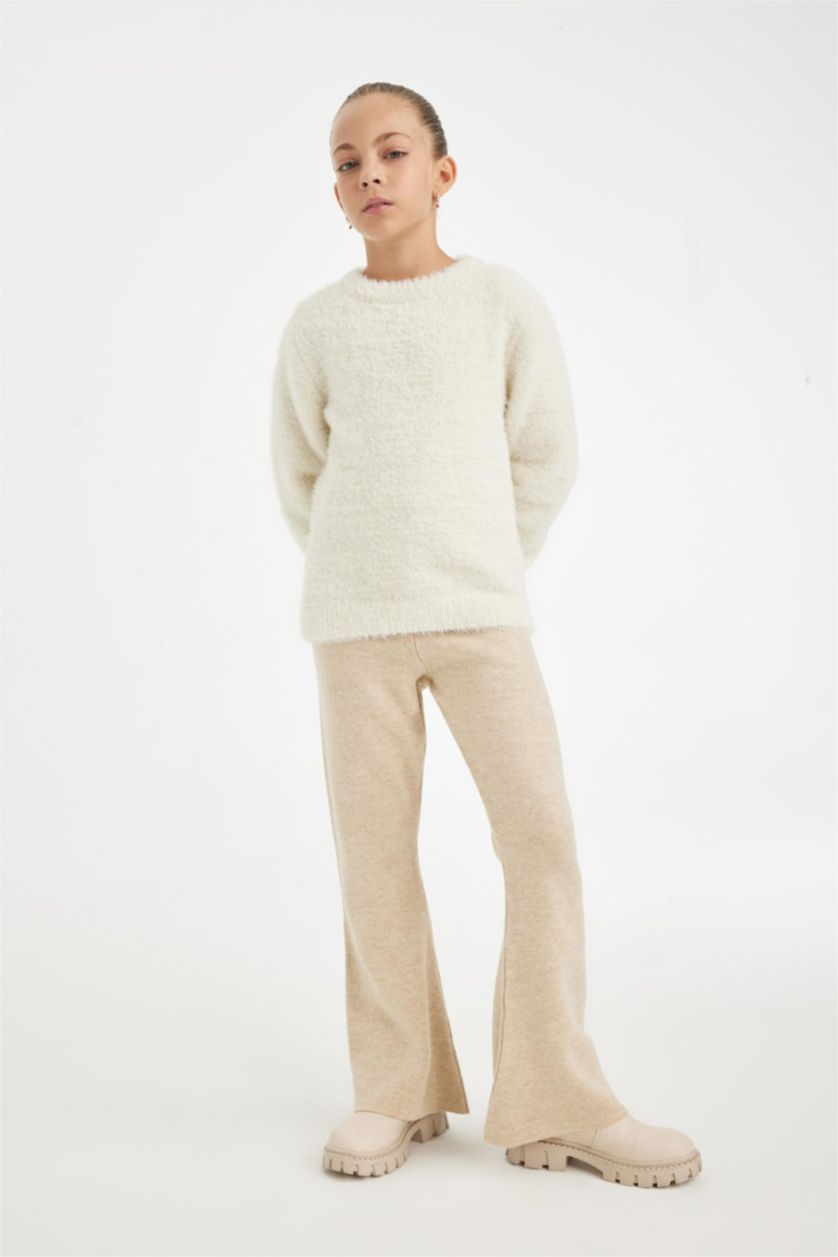 Kız Çocuk - Genç Kız Bej Melanj Kız Çocuk Flare Fit İspanyol Paça Basic Düz Triko Pantolon