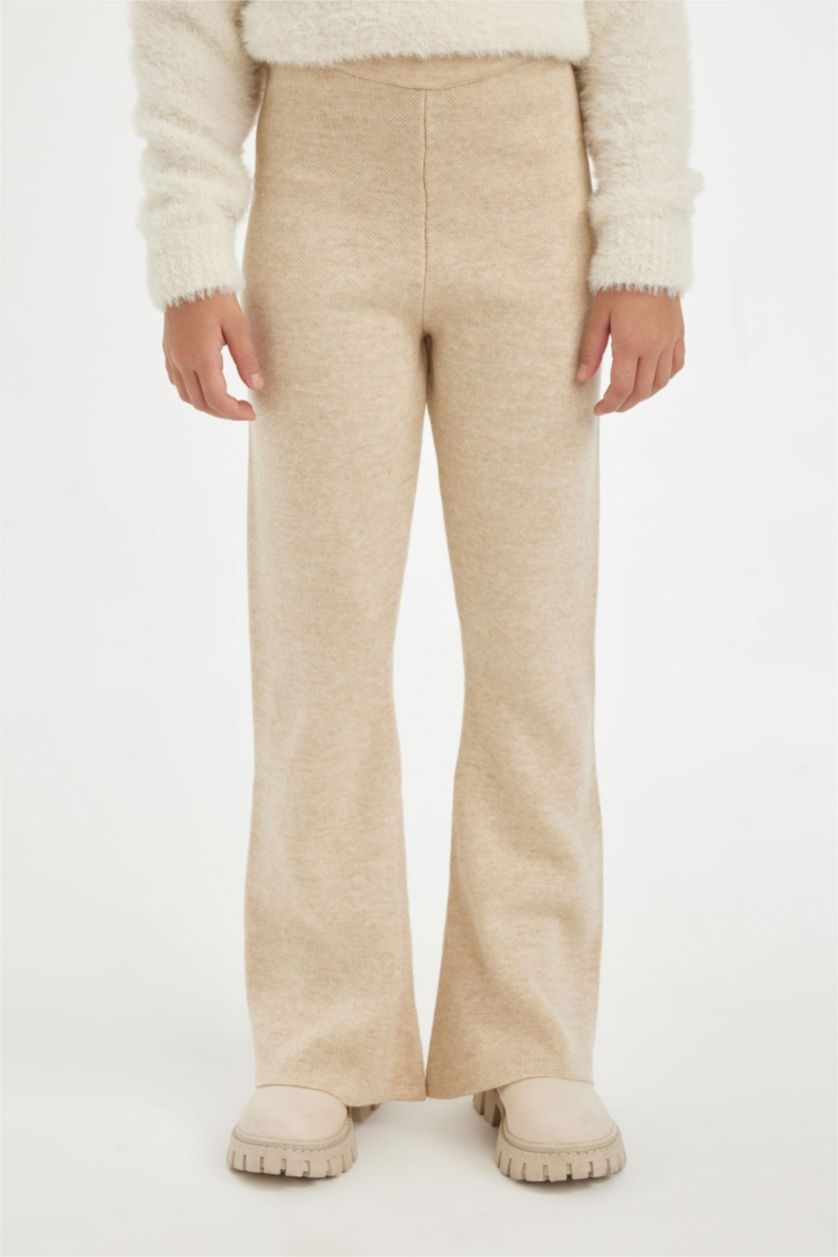 Kız Çocuk - Genç Kız Bej Melanj Kız Çocuk Flare Fit İspanyol Paça Basic Düz Triko Pantolon