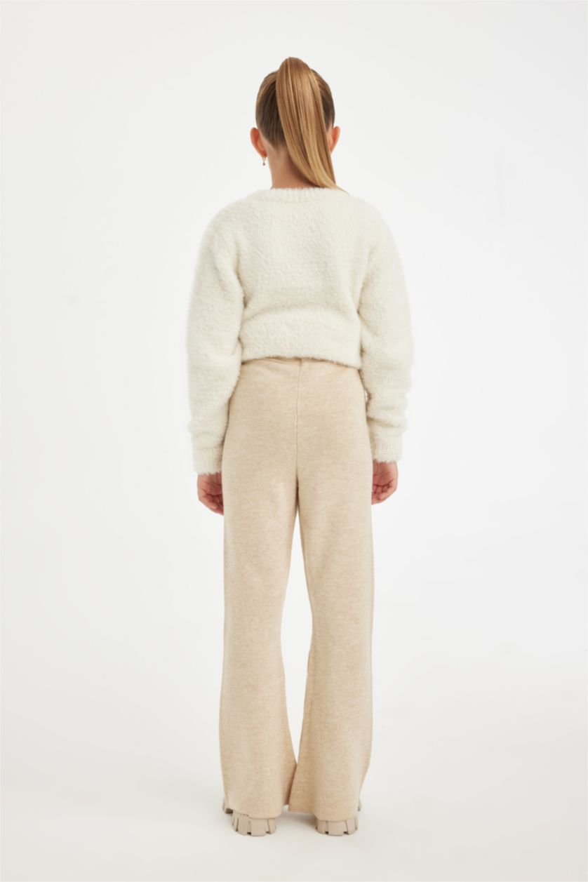 Kız Çocuk - Genç Kız Bej Melanj Kız Çocuk Flare Fit İspanyol Paça Basic Düz Triko Pantolon