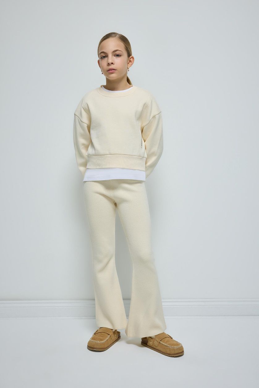 Kız Çocuk - Genç Kız Ekru Flare Fit İspanyol Paça Basic Düz Triko Pantolon Kız Çocuk