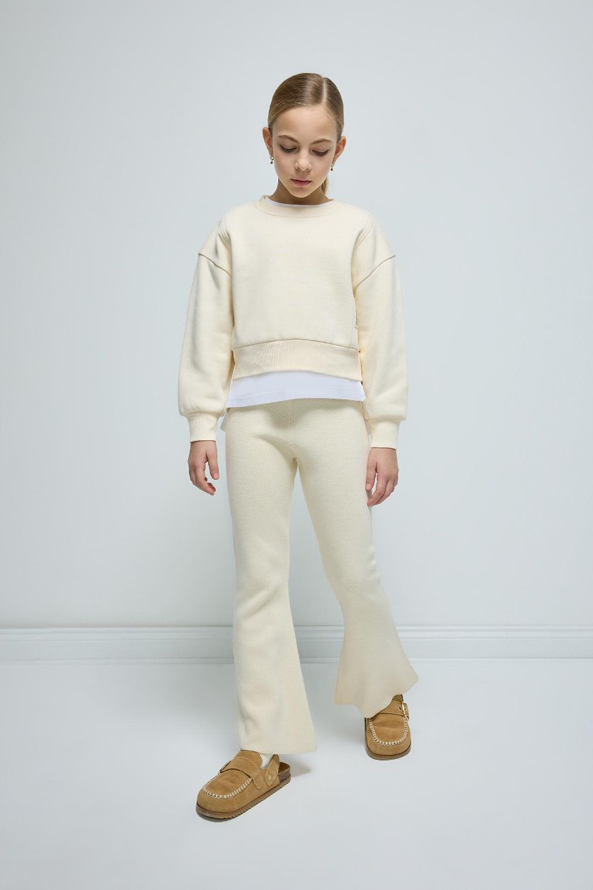 Kız Çocuk - Genç Kız Ekru Flare Fit İspanyol Paça Basic Düz Triko Pantolon Kız Çocuk