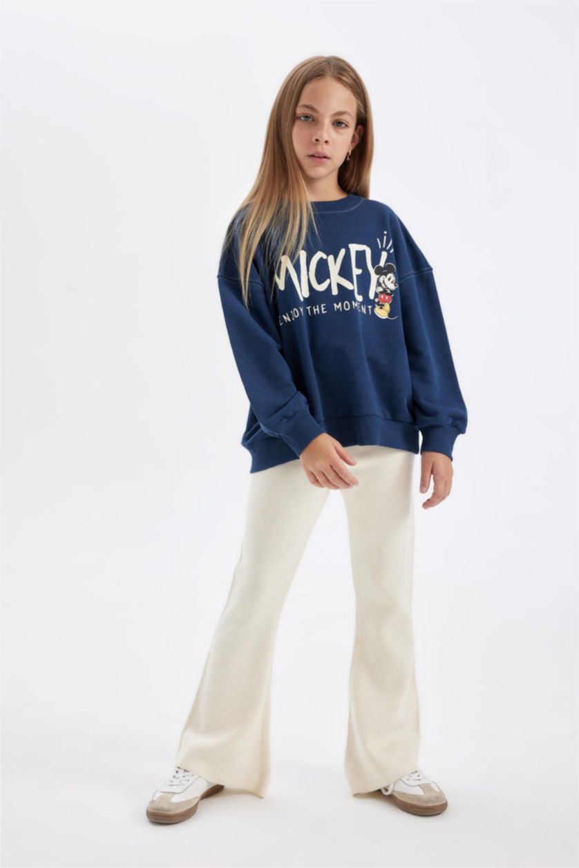 Kız Çocuk - Genç Kız Ekru Flare Fit İspanyol Paça Basic Düz Triko Pantolon Kız Çocuk