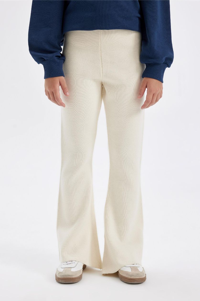 Kız Çocuk - Genç Kız Ekru Flare Fit İspanyol Paça Basic Düz Triko Pantolon Kız Çocuk