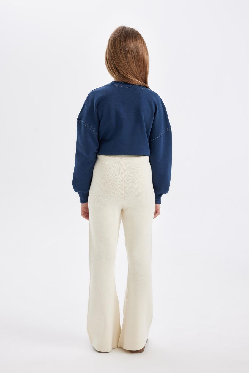 Kız Çocuk - Genç Kız Ekru Flare Fit İspanyol Paça Basic Düz Triko Pantolon Kız Çocuk