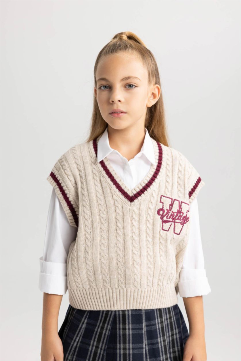 FILLES Beige Pull Col Rond Style Collège Pour Fille