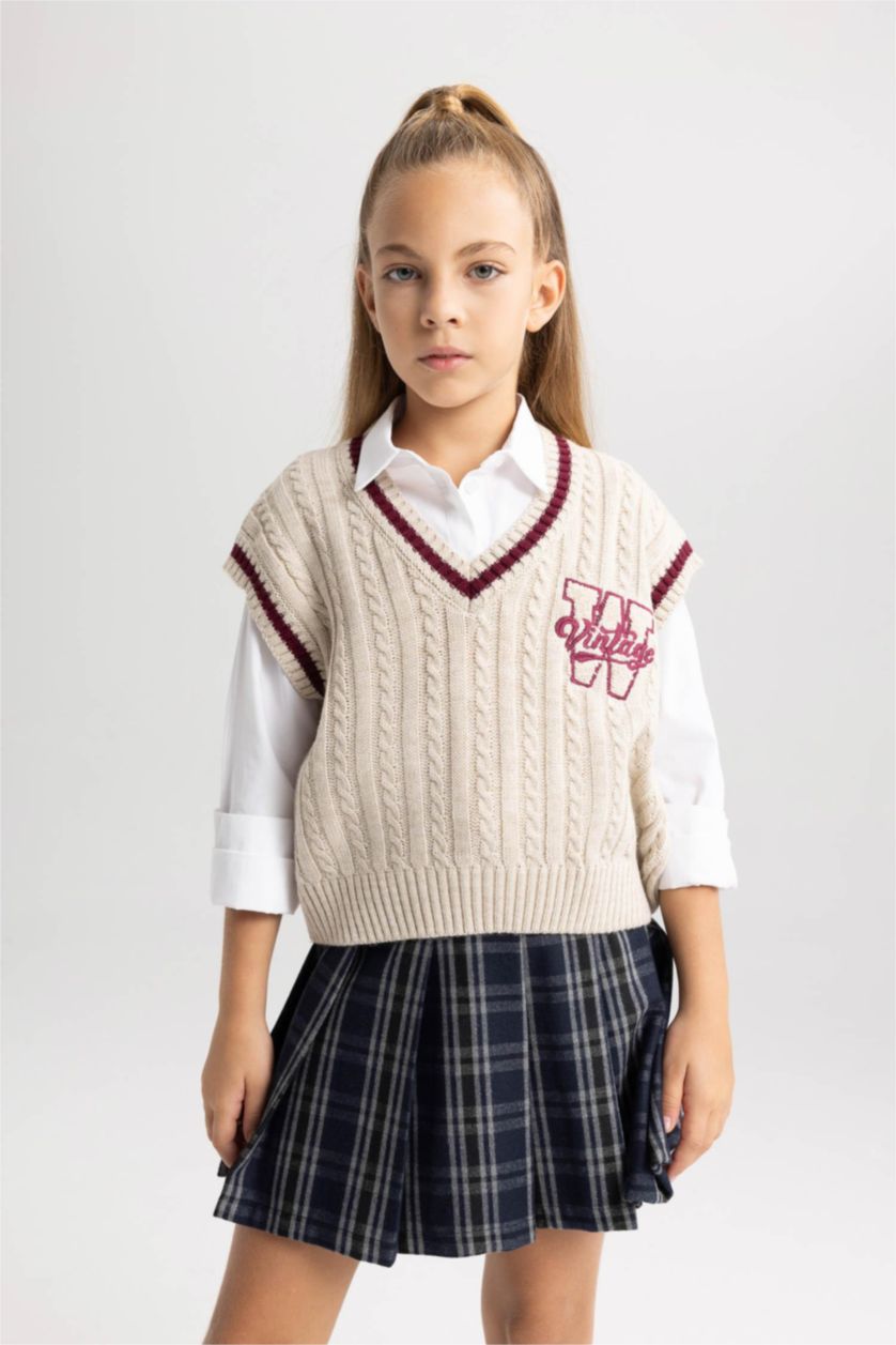 FILLES Beige Pull Col Rond Style Collège Pour Fille