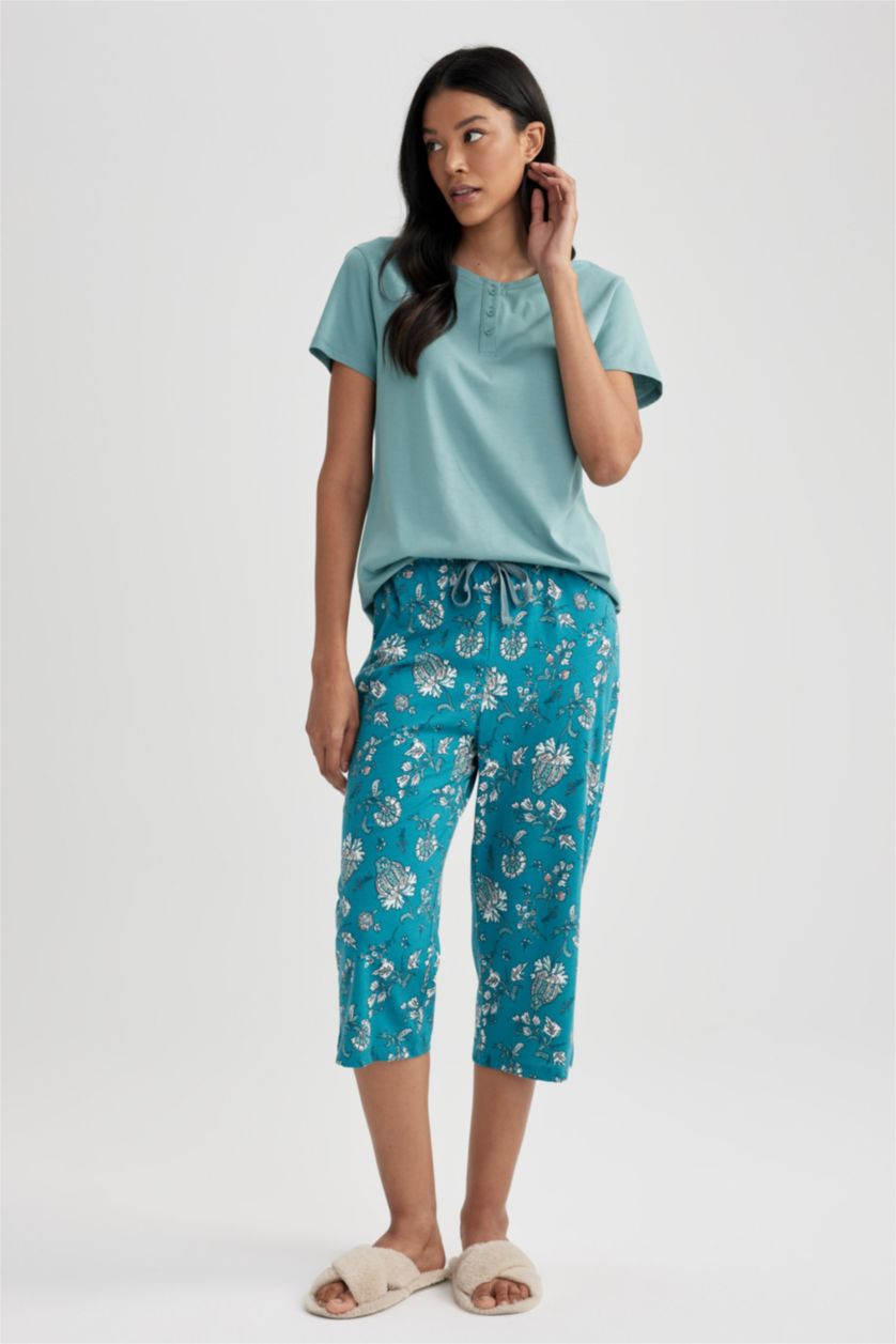 حريمي بترولي طقم بيجاما نص كم بقصة عادية  - قطعتين